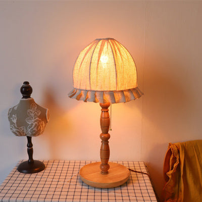 Traditional French Wood & Fabric Lace-Trim Dome Shade 1-Light Table Lamp For Bedroom & Living Room
