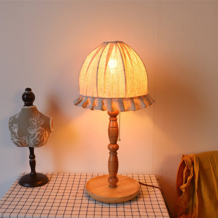 Traditional French Wood & Fabric Lace-Trim Dome Shade 1-Light Table Lamp For Bedroom & Living Room