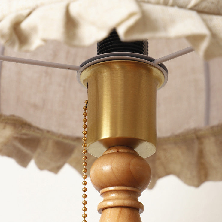 Traditional French Wood & Fabric Lace-Trim Dome Shade 1-Light Table Lamp For Bedroom & Living Room