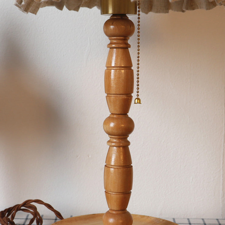 Traditional French Wood & Fabric Lace-Trim Dome Shade 1-Light Table Lamp For Bedroom & Living Room