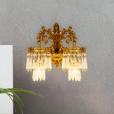 Traditional French Solid Brass & Crystal Carved Arm & Base 1/2-Light Wall Sconce Lamp For Bedroom & Living Room