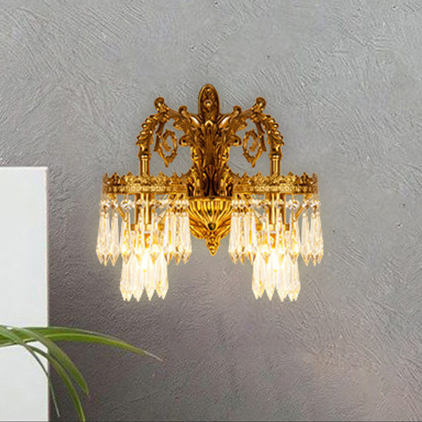 Traditional French Solid Brass & Crystal Carved Arm & Base 1/2-Light Wall Sconce Lamp For Bedroom & Living Room