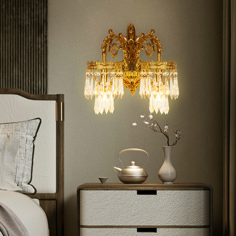 Traditional French Solid Brass & Crystal Carved Arm & Base 1/2-Light Wall Sconce Lamp For Bedroom & Living Room