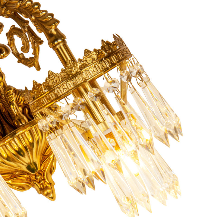Applique murale traditionnelle française en laiton massif et cristal sculpté avec bras et base 1/2 lumière pour chambre et salon 