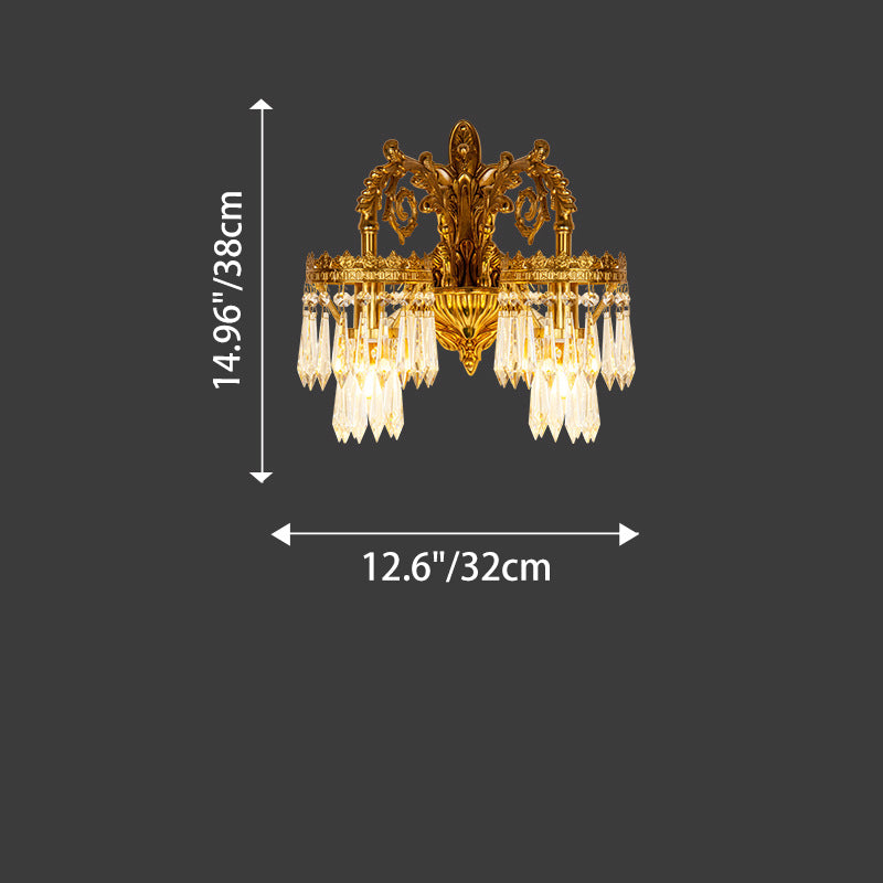Traditional French Solid Brass & Crystal Carved Arm & Base 1/2-Light Wall Sconce Lamp For Bedroom & Living Room