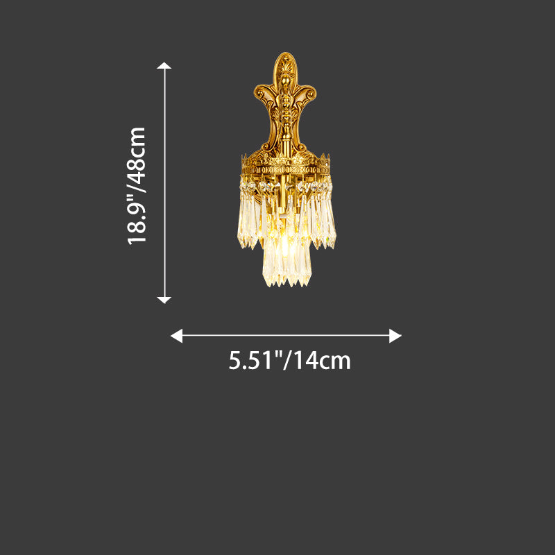Traditional French Solid Brass & Crystal Carved Arm & Base 1/2-Light Wall Sconce Lamp For Bedroom & Living Room