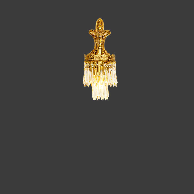 Traditional French Solid Brass & Crystal Carved Arm & Base 1/2-Light Wall Sconce Lamp For Bedroom & Living Room