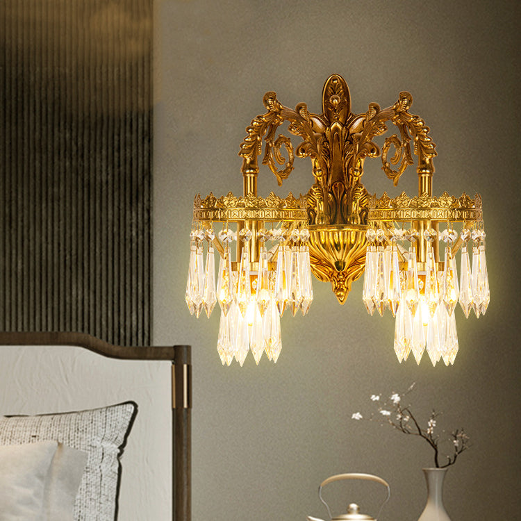 Traditional French Solid Brass & Crystal Carved Arm & Base 1/2-Light Wall Sconce Lamp For Bedroom & Living Room