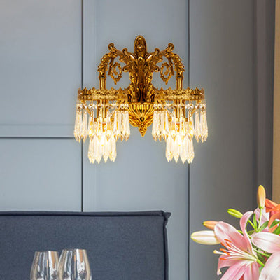 Traditional French Solid Brass & Crystal Carved Arm & Base 1/2-Light Wall Sconce Lamp For Bedroom & Living Room
