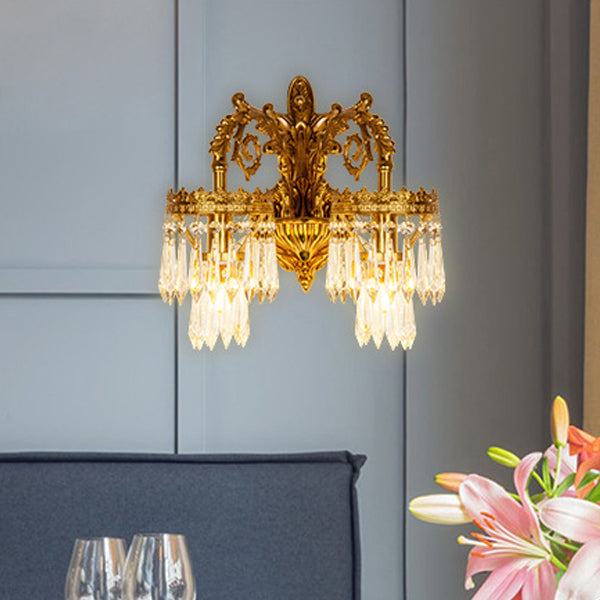 Traditional French Solid Brass & Crystal Carved Arm & Base 1/2-Light Wall Sconce Lamp For Bedroom & Living Room