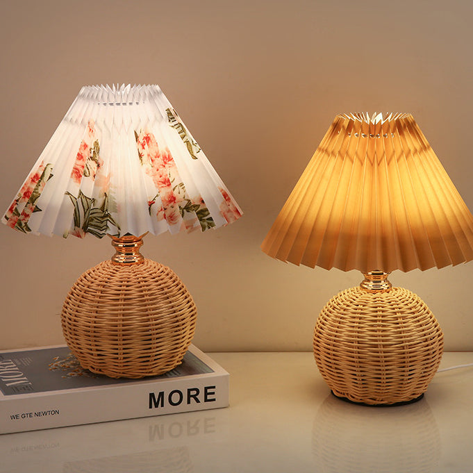 Modern Art Deco Rattan & Fabric Pleated Shade LED Table Lamp For Bedroom & Living Room