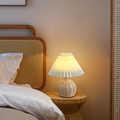 Modern Art Deco Rattan & Fabric Pleated Shade LED Table Lamp For Bedroom & Living Room