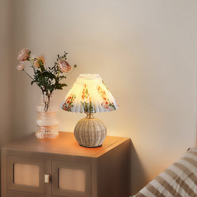 Modern Art Deco Rattan & Fabric Pleated Shade LED Table Lamp For Bedroom & Living Room