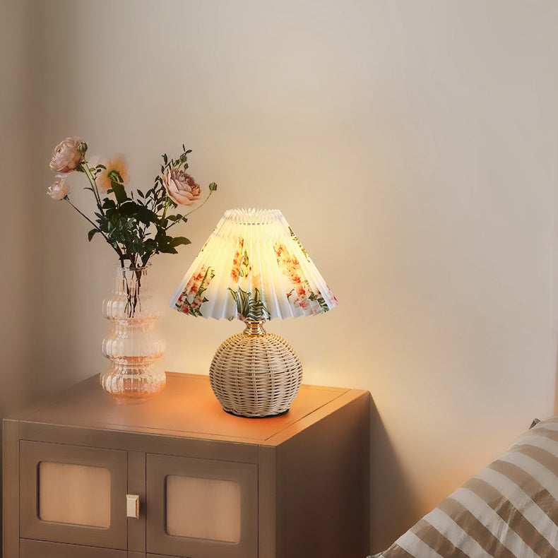 Modern Art Deco Rattan & Fabric Pleated Shade LED Table Lamp For Bedroom & Living Room