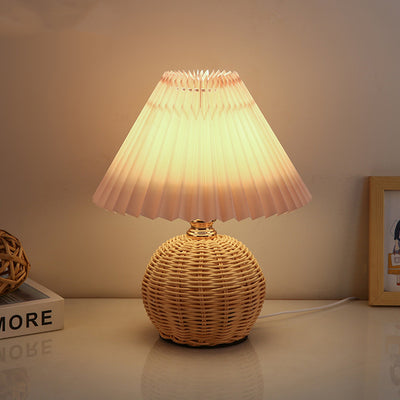 Modern Art Deco Rattan & Fabric Pleated Shade LED Table Lamp For Bedroom & Living Room
