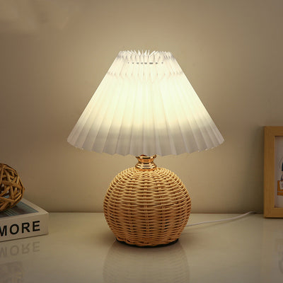 Modern Art Deco Rattan & Fabric Pleated Shade LED Table Lamp For Bedroom & Living Room