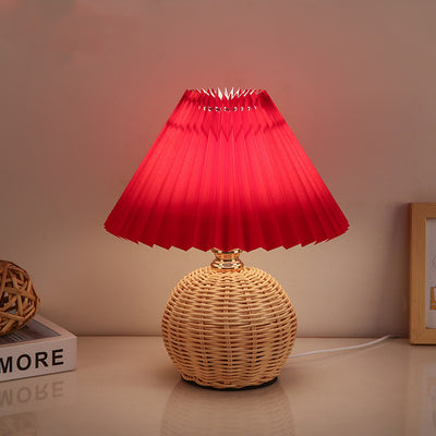 Modern Art Deco Rattan & Fabric Pleated Shade LED Table Lamp For Bedroom & Living Room