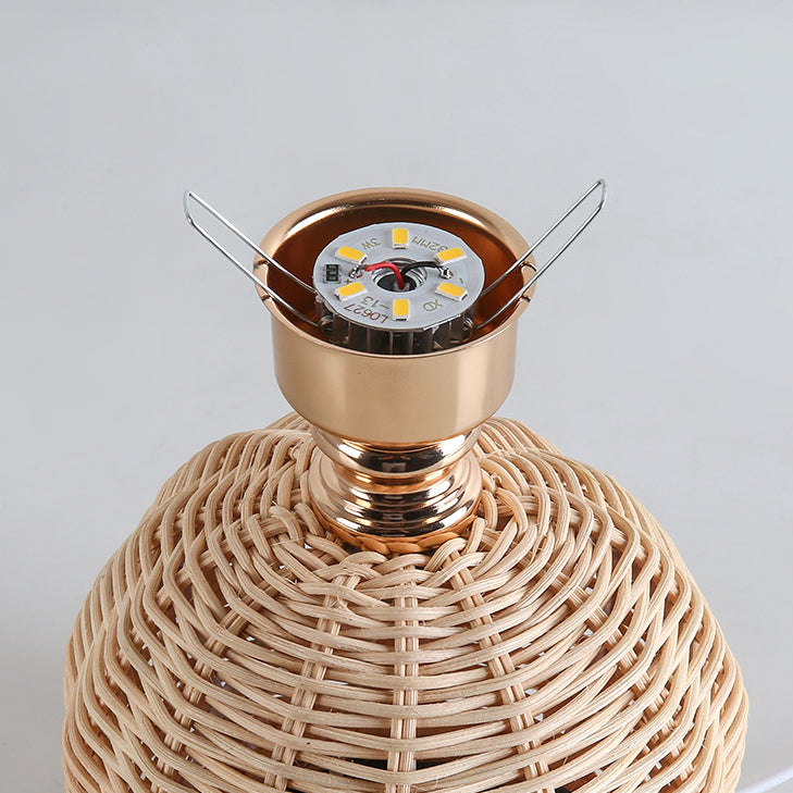 Modern Art Deco Rattan & Fabric Pleated Shade LED Table Lamp For Bedroom & Living Room