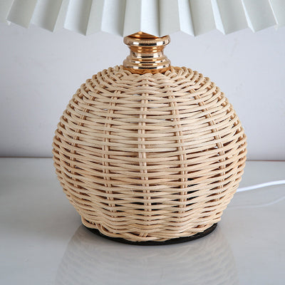 Modern Art Deco Rattan & Fabric Pleated Shade LED Table Lamp For Bedroom & Living Room