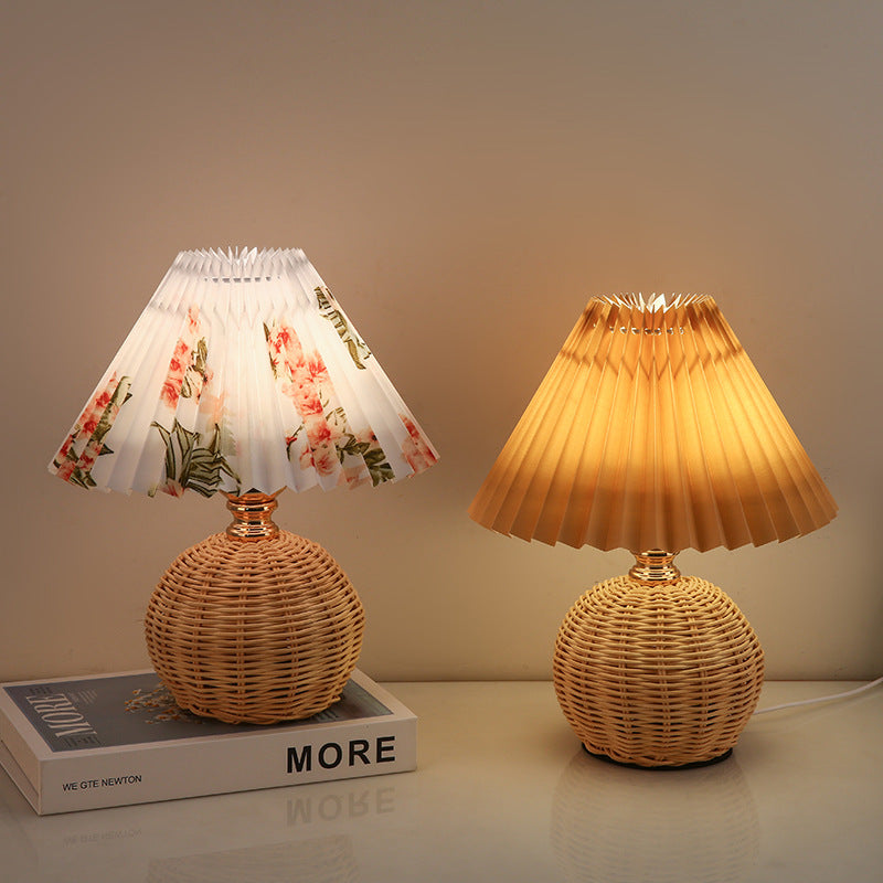 Modern Art Deco Rattan & Fabric Pleated Shade LED Table Lamp For Bedroom & Living Room