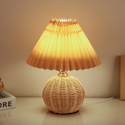 Modern Art Deco Rattan & Fabric Pleated Shade LED Table Lamp For Bedroom & Living Room