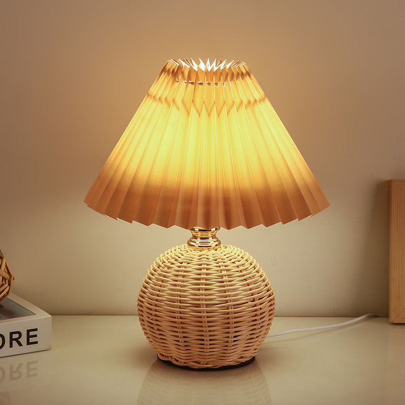 Modern Art Deco Rattan & Fabric Pleated Shade LED Table Lamp For Bedroom & Living Room