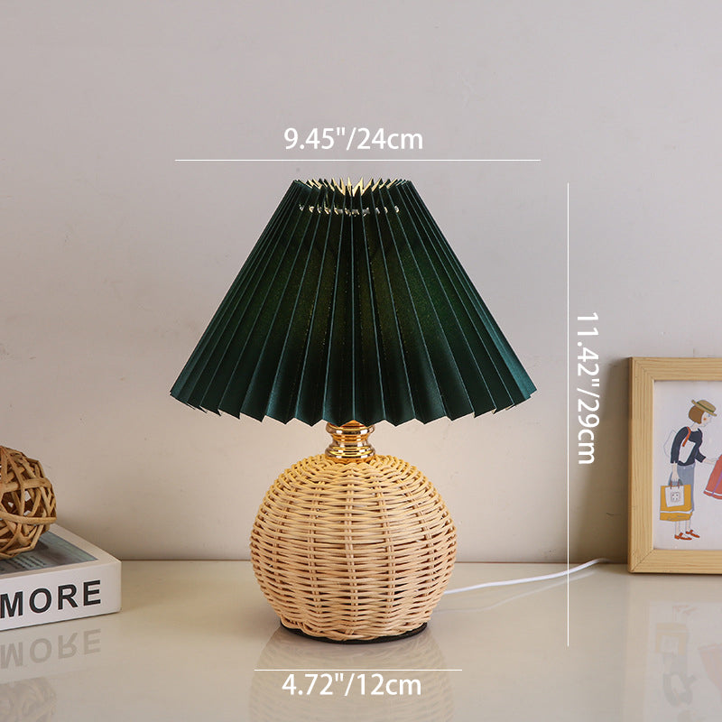 Modern Art Deco Rattan & Fabric Pleated Shade LED Table Lamp For Bedroom & Living Room