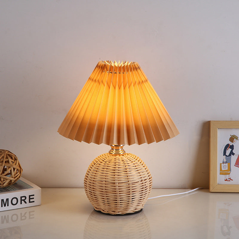Modern Art Deco Rattan & Fabric Pleated Shade LED Table Lamp For Bedroom & Living Room