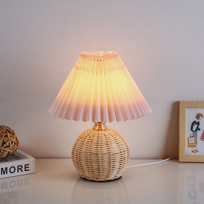 Modern Art Deco Rattan & Fabric Pleated Shade LED Table Lamp For Bedroom & Living Room