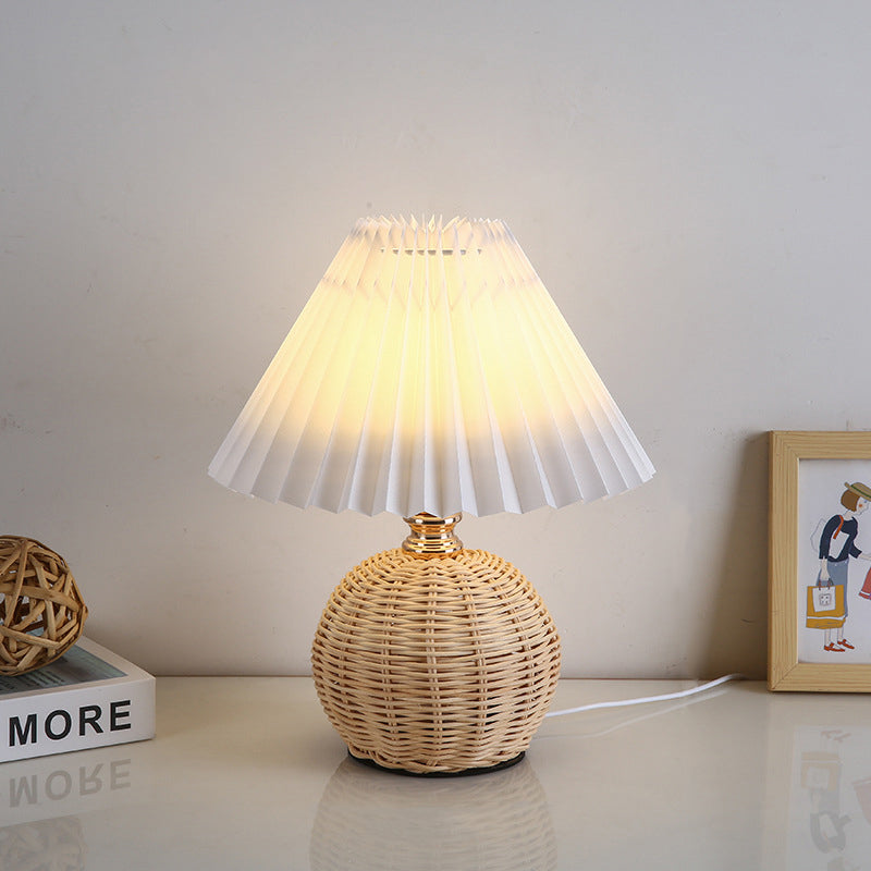 Modern Art Deco Rattan & Fabric Pleated Shade LED Table Lamp For Bedroom & Living Room