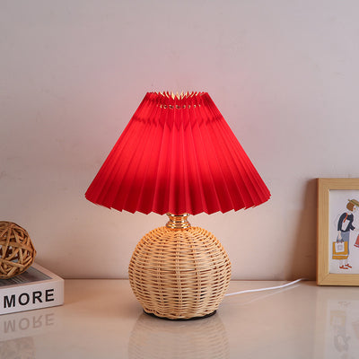 Modern Art Deco Rattan & Fabric Pleated Shade LED Table Lamp For Bedroom & Living Room