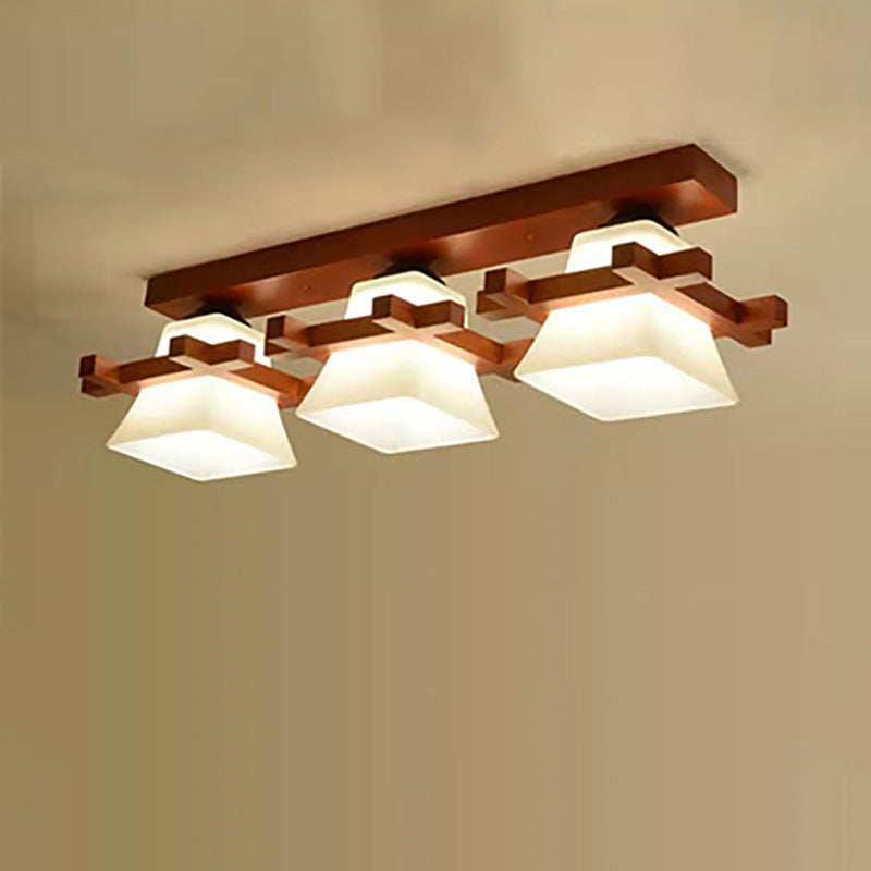 Contemporary Nordic Wood & Glass Square Trapezoid 1/2/3 Light Semi-Flush Mount Ceiling Light For Living Room & Hallway