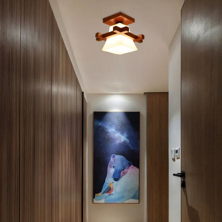 Contemporary Nordic Wood & Glass Square Trapezoid 1/2/3 Light Semi-Flush Mount Ceiling Light For Living Room & Hallway