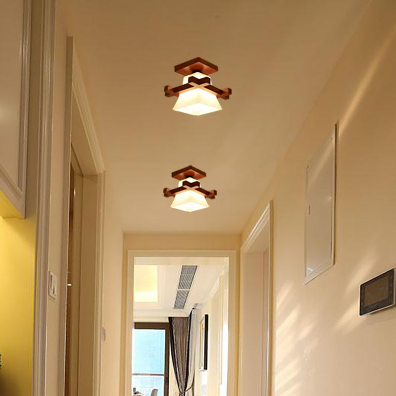 Contemporary Nordic Wood & Glass Square Trapezoid 1/2/3 Light Semi-Flush Mount Ceiling Light For Living Room & Hallway
