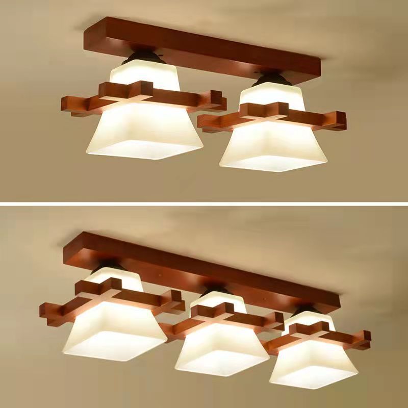 Contemporary Nordic Wood &amp; Glass Square Trapezoid 1/2/3 Light Semi-Flush Mount Ceiling Light For Living Room &amp; Hallway