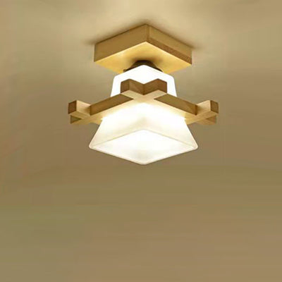 Contemporary Nordic Wood & Glass Square Trapezoid 1/2/3 Light Semi-Flush Mount Ceiling Light For Living Room & Hallway