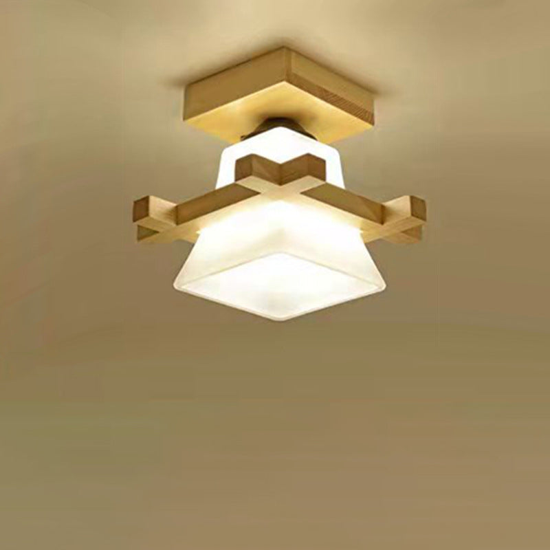 Contemporary Nordic Wood & Glass Square Trapezoid 1/2/3 Light Semi-Flush Mount Ceiling Light For Living Room & Hallway