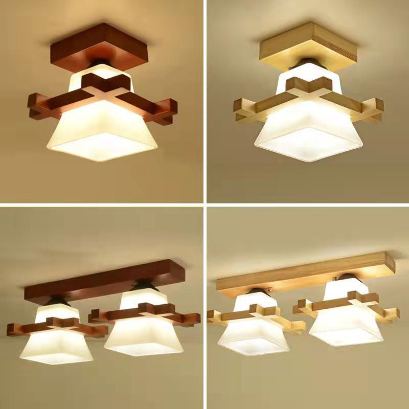 Contemporary Nordic Wood & Glass Square Trapezoid 1/2/3 Light Semi-Flush Mount Ceiling Light For Living Room & Hallway