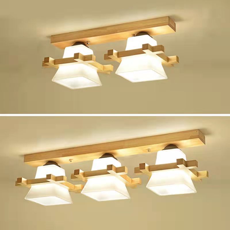 Contemporary Nordic Wood & Glass Square Trapezoid 1/2/3 Light Semi-Flush Mount Ceiling Light For Living Room & Hallway