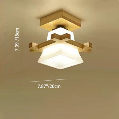 Contemporary Nordic Wood & Glass Square Trapezoid 1/2/3 Light Semi-Flush Mount Ceiling Light For Living Room & Hallway