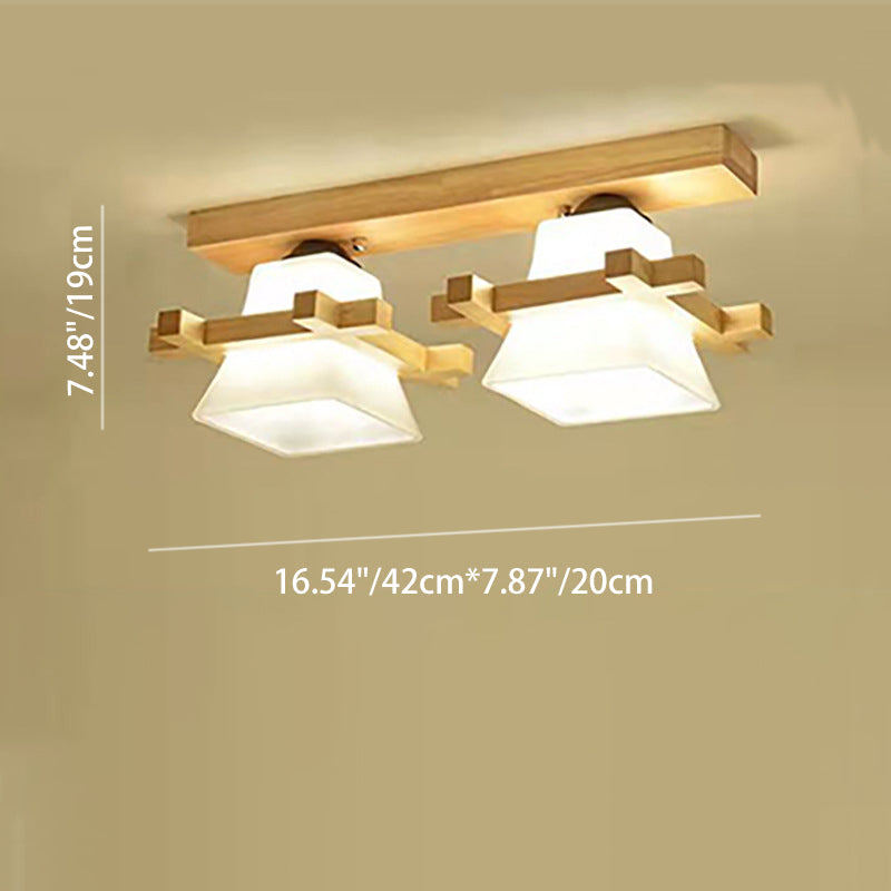 Contemporary Nordic Wood & Glass Square Trapezoid 1/2/3 Light Semi-Flush Mount Ceiling Light For Living Room & Hallway
