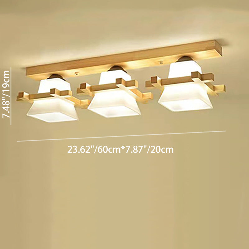 Contemporary Nordic Wood & Glass Square Trapezoid 1/2/3 Light Semi-Flush Mount Ceiling Light For Living Room & Hallway