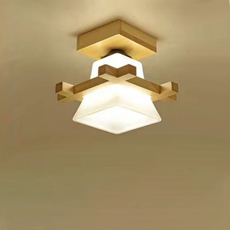 Contemporary Nordic Wood &amp; Glass Square Trapezoid 1/2/3 Light Semi-Flush Mount Ceiling Light For Living Room &amp; Hallway