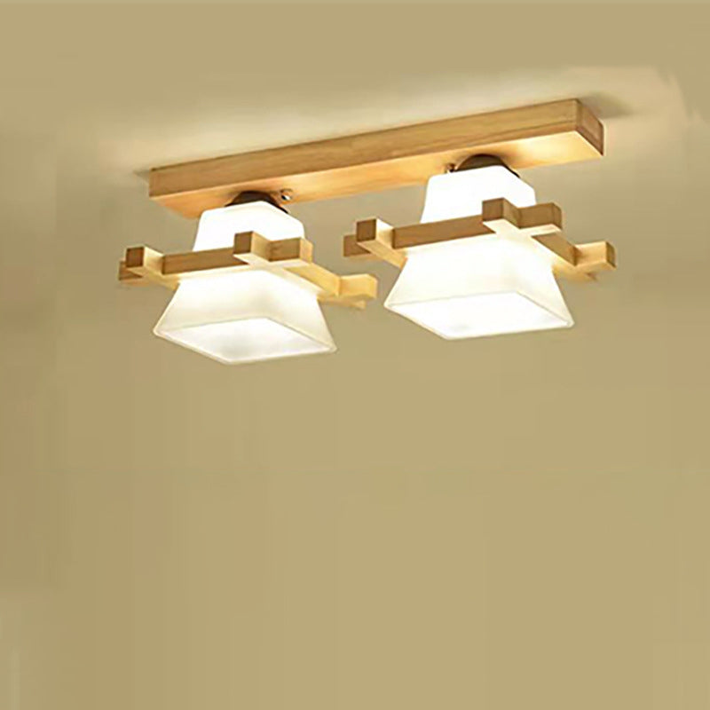 Contemporary Nordic Wood & Glass Square Trapezoid 1/2/3 Light Semi-Flush Mount Ceiling Light For Living Room & Hallway