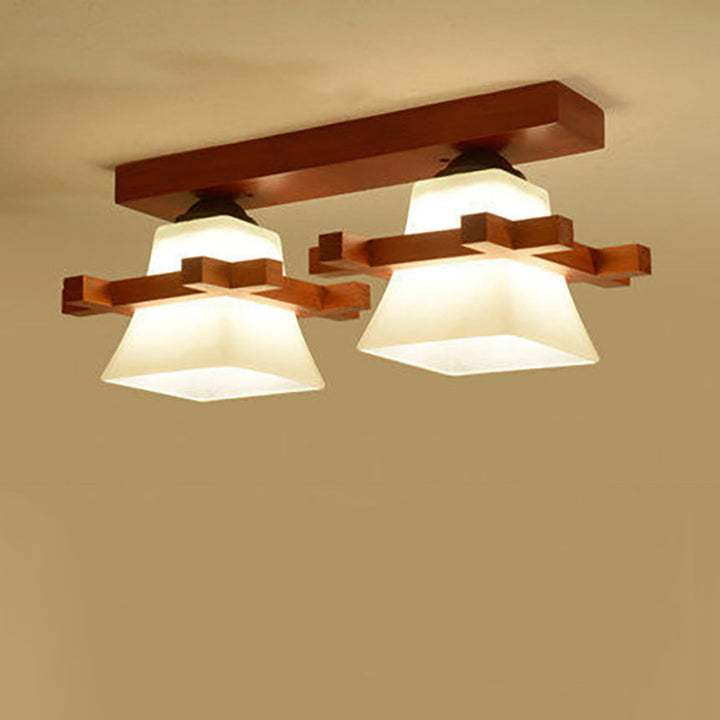Contemporary Nordic Wood &amp; Glass Square Trapezoid 1/2/3 Light Semi-Flush Mount Ceiling Light For Living Room &amp; Hallway