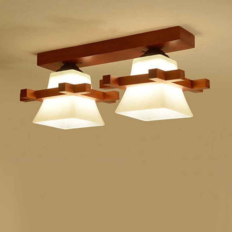 Contemporary Nordic Wood & Glass Square Trapezoid 1/2/3 Light Semi-Flush Mount Ceiling Light For Living Room & Hallway