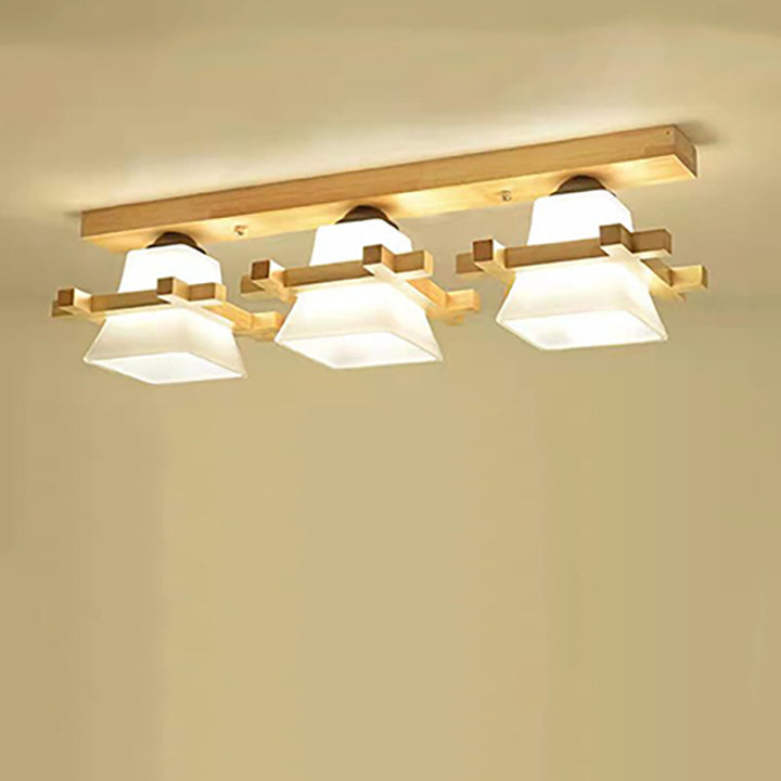 Contemporary Nordic Wood &amp; Glass Square Trapezoid 1/2/3 Light Semi-Flush Mount Ceiling Light For Living Room &amp; Hallway