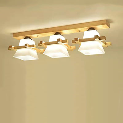 Contemporary Nordic Wood & Glass Square Trapezoid 1/2/3 Light Semi-Flush Mount Ceiling Light For Living Room & Hallway