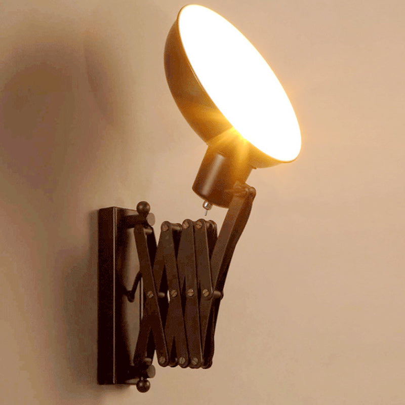 Contemporary Industrial Iron Extendable Arm Round 1-Light Wall Sconce Lamp For Bedroom & Living Room