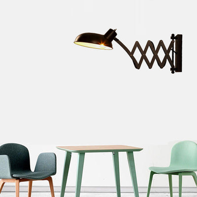 Contemporary Industrial Iron Extendable Arm Round 1-Light Wall Sconce Lamp For Bedroom & Living Room